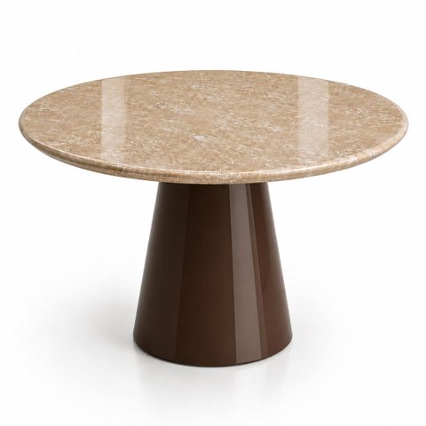 Mesa de Jantar Cone Redondo 110 cm Tampo Mármore Travertino Base Laca Marrom Cacau