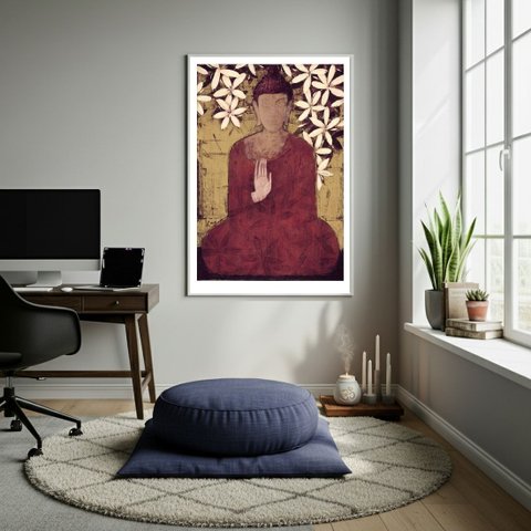Quadro Decorativo Benção de Buda 70x50cm Mold Branca