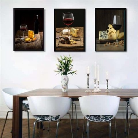 Kit 3 Quadros Decorativos Fotografias Rústicas vinho 45x34cm - com Vidro:madeira Preta