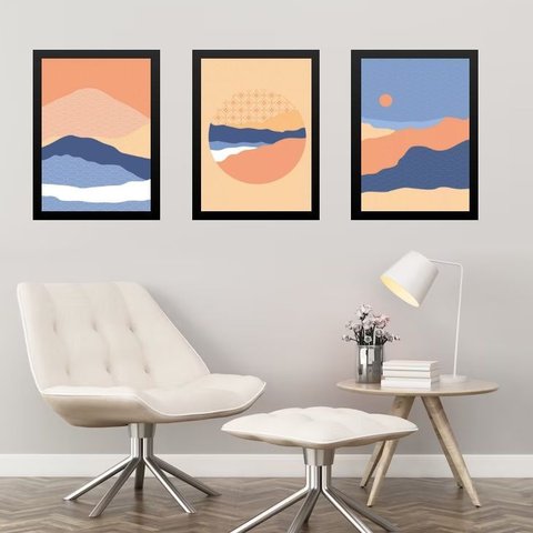 Kit 3 Quadros Paisagens Abstratas Montanhas Boho 33x24cm - com Vidro:moldura Preta