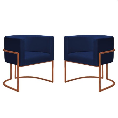 Kit 2 Poltronas Reforçadas Decorativa Sala Nayara Base Ferro Bronze Suede Azul Marinho