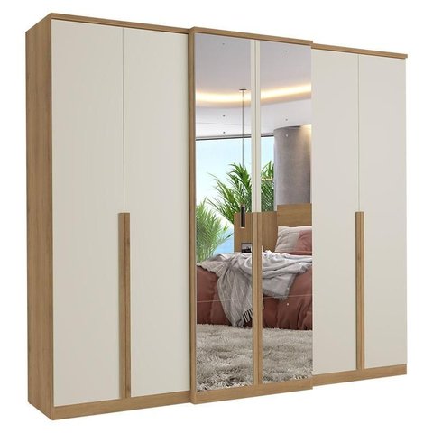 Guarda Roupa Casal Valência 6 Portas Full Glass Capuccino Off White Cômoda Gaveteiro Condessa Acetin