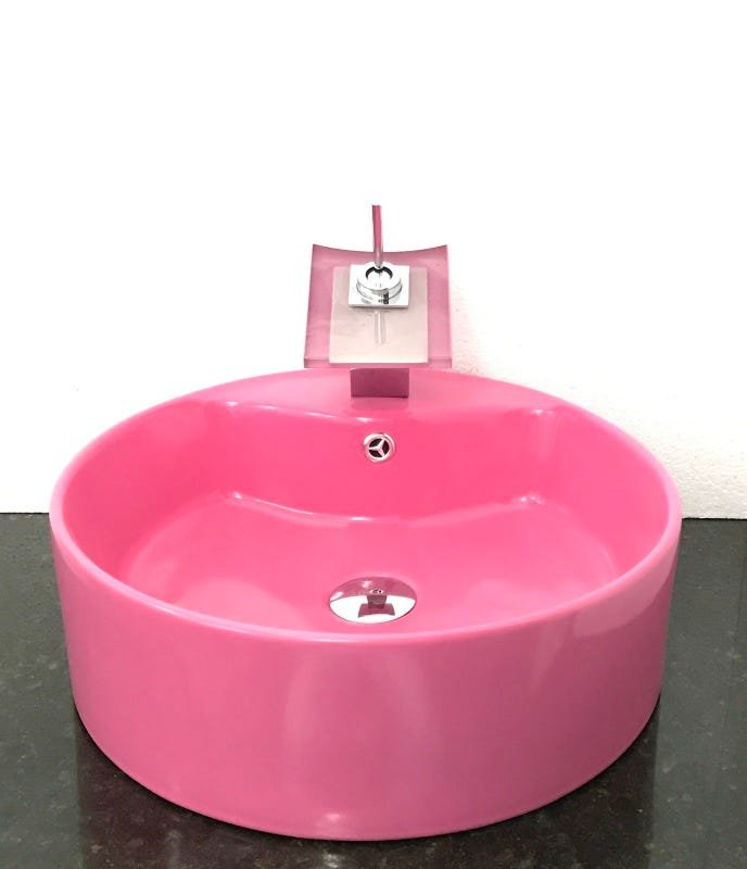 Kit com cuba louça redonda apoio rosa,válvula,torneira,sifão - 1