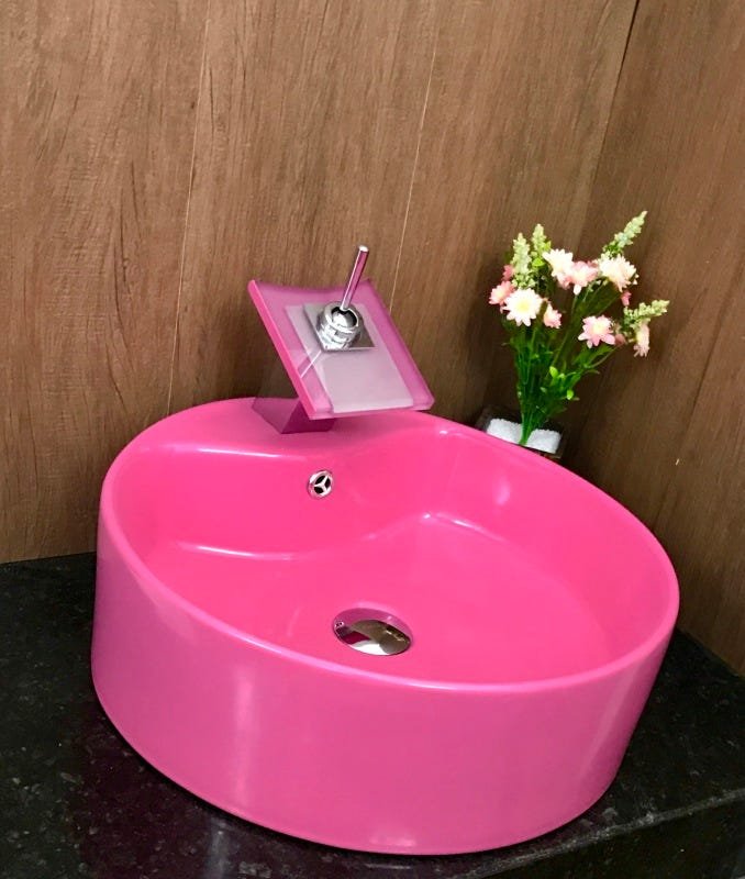 Kit com cuba louça redonda apoio rosa,válvula,torneira,sifão - 5