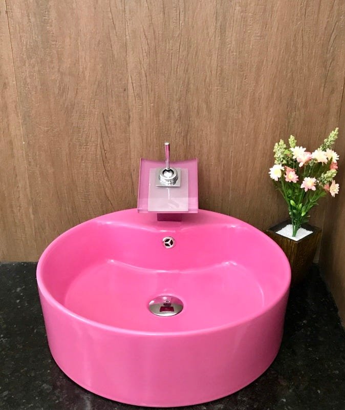 Kit com cuba louça redonda apoio rosa,válvula,torneira,sifão - 6
