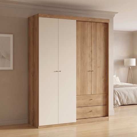 Guarda-Roupa Solteiro 4 Portas e 2 Gavetas 200 x 150cm Star Yescasa Marrom Cappuccino/Off White
