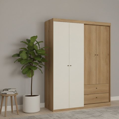 Guarda-Roupa Solteiro 4 Portas 2 Gavetas 150cm Star Off White Capuccino/Off White