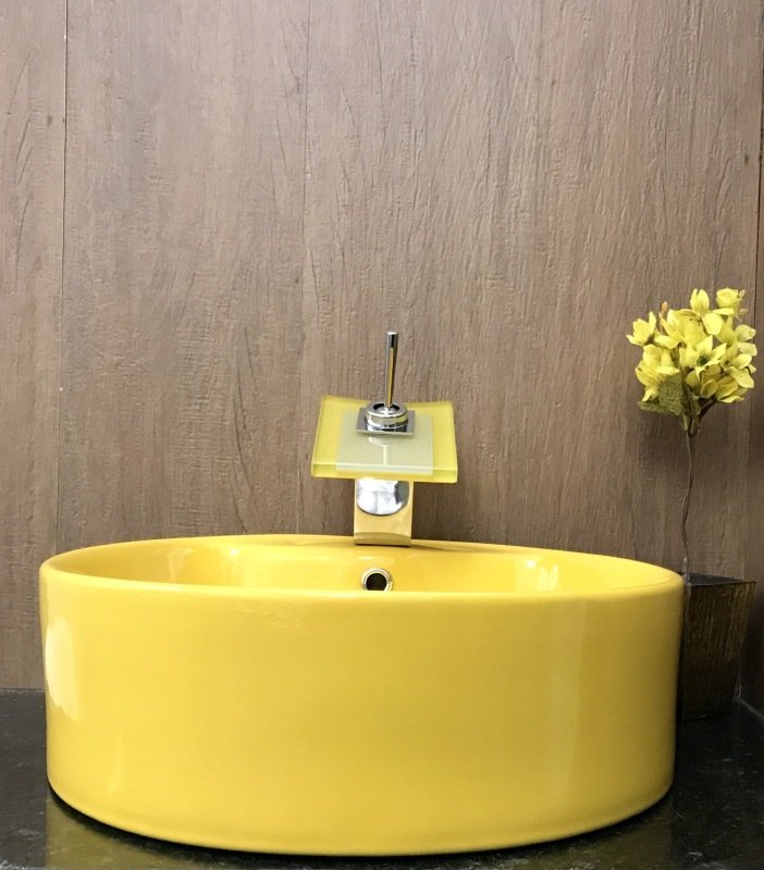 Kit cuba louça amarela redonda apoio,válvula e torneira - 6