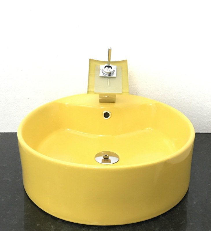 Kit cuba louça amarela redonda apoio,válvula e torneira - 1