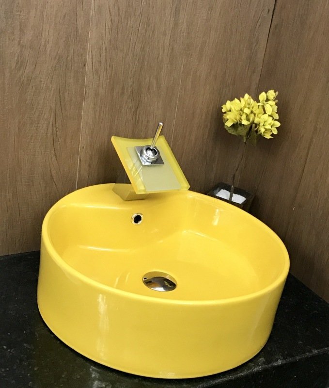 Kit cuba louça amarela redonda apoio,válvula e torneira - 2
