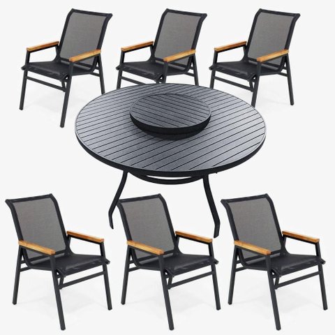 Conjunto Mesa Jardim Giratória 6 Poltronas Cadeiras Área Externa Lazer Piscina Preto