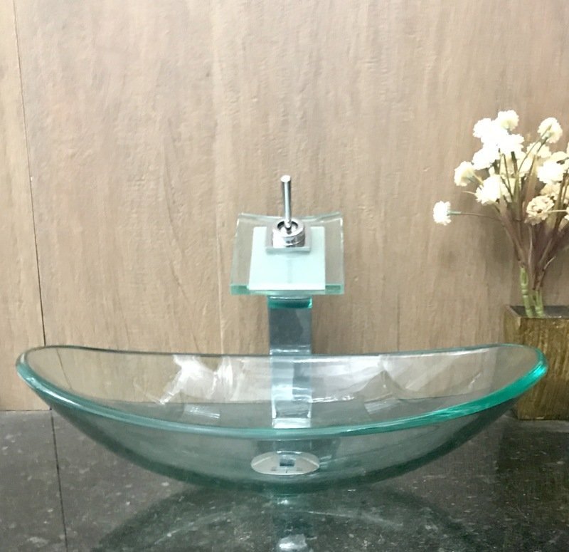 Kit cuba vidro incolor oval,válvula,torneira cascata,sifão - 5