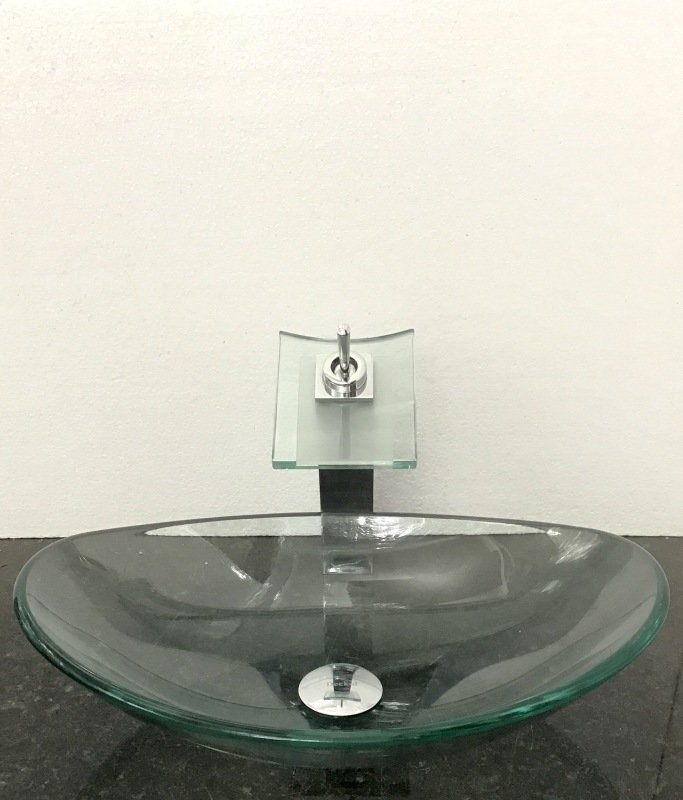 Kit cuba vidro incolor oval,válvula,torneira cascata,sifão - 1