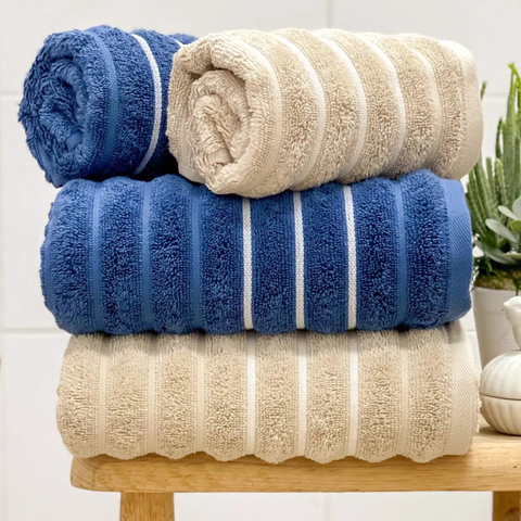 Jogo de Toalha Ondas 100% Algodão 450g/m² 4 Peças Banho e Rosto Bege e Azul