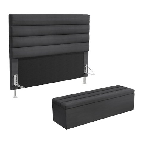 Cabeceira Atlas e Calçadeira Baú Ursa 160 para Cama Queen N-022 Veludo Chumbo Aradecor