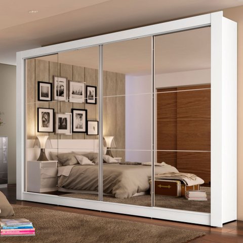 Guarda-Roupa Madesa Montana 4 Portas de Correr de Espelho Branco Cor:Branco
