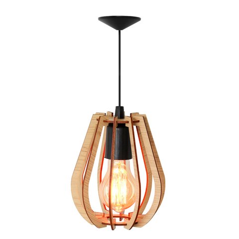 Luminária Lustre Pendente Madeira Vazado Aletado Soq E27 15x17cm Cor Marfim