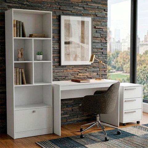 Mesa Escrivaninha com Gaveteiro e Estante para Escritorio B31 Branco Novam