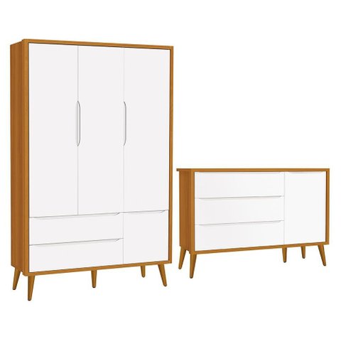 Jogo de Quarto Infantil Theo Retrô Guarda Roupa 3 Portas e Cômoda 1 Porta com Branco/Savana Pés