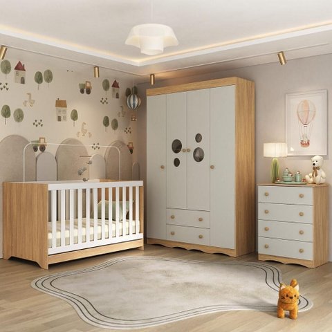 Quarto de Bebê Completo com Berço Americano 3 em 1 Sonho Multimóveis Mp4619 Madeirado/off White