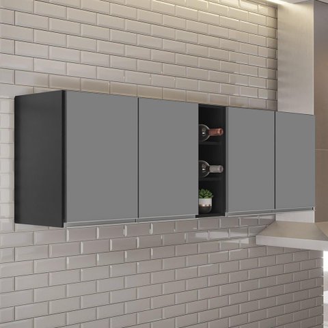 Armário de Cozinha Aéreo Califórnia Kit 2 e Nicho Adega Riad 180cm Preto-cinza - Lumil