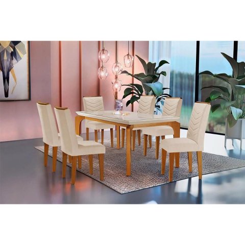 Conjunto: Mesa de Cozinha Londrina Tampo Madeirado C/ Vidro 180x90cm e 6 Cadeiras Londrina Capuccino