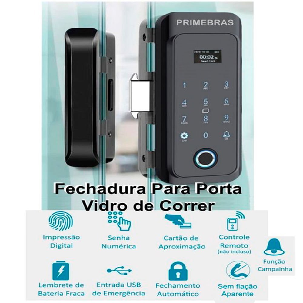 Fechadura Digital Biométrica P/ Portas de Vidro de Correr PRIMEBRAS PV ...
