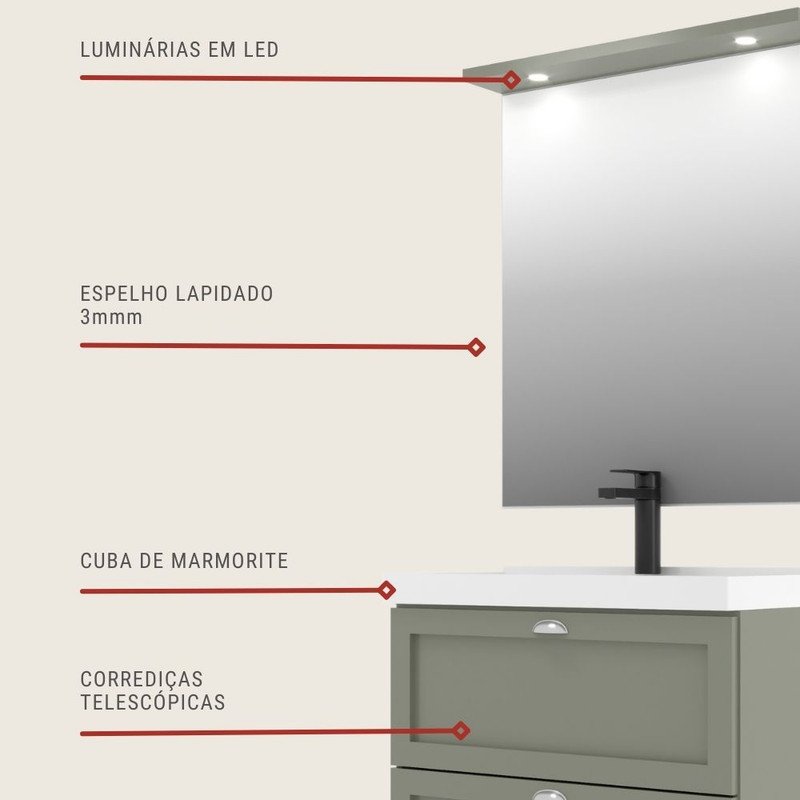 Gabinete para Banheiro com Cuba e Espelheira 80cm Retro Mdf Verde Milano - On Móveis - 5