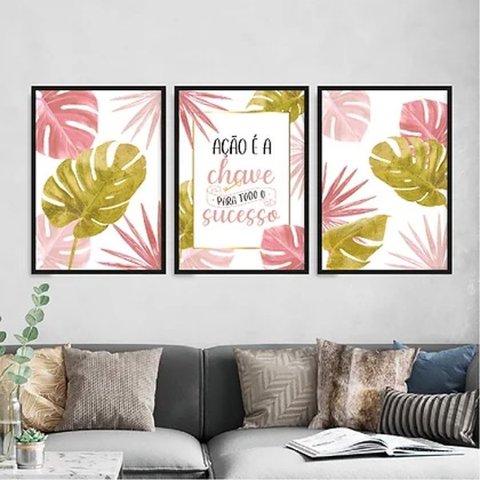 Kit 3 Quadros Ação É A Chave Para O Sucesso 33x24cm - com vidro:Madeira preta