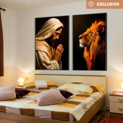 2 Quadros Decorativos Jesus e o Leão da Tribo de Judá Sala Quarto Casa Escritório