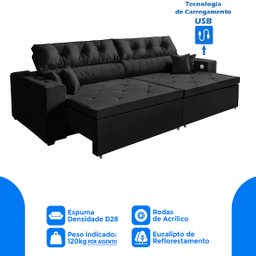 Sofá 5 Lugares SMART Retrátil, Reclinável, 3,02 Metros Tecnologia de Carregamento 3 portas USB Preto - 3