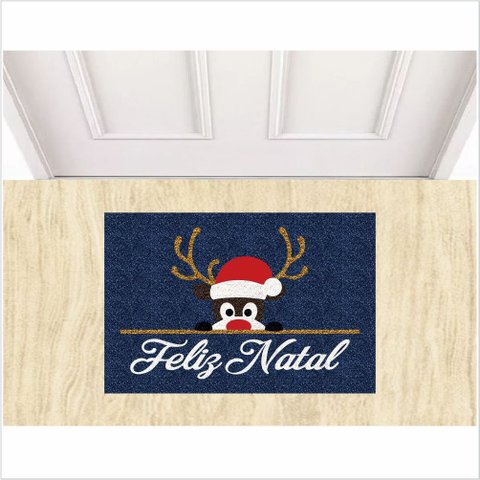 TAPETE RENA PAPAI NOEL, FELIZ NATAL, DECORÇÃO DE NATAL COR AZUL MARINHO