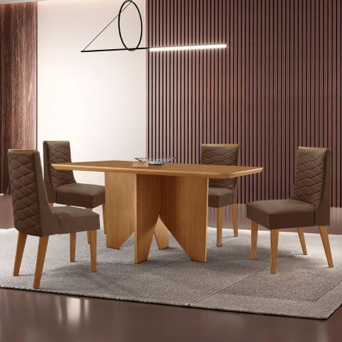 Mesa Evora 120 Mdf Canto Copo e com 4 Cadeiras Safira Veludo Marrom-naturalle-naturalle