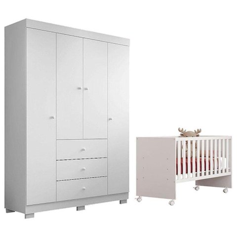 Berço Nacional Doce Sonho 3540 com Guarda Roupa Duda 4 Portas Branco Brilho