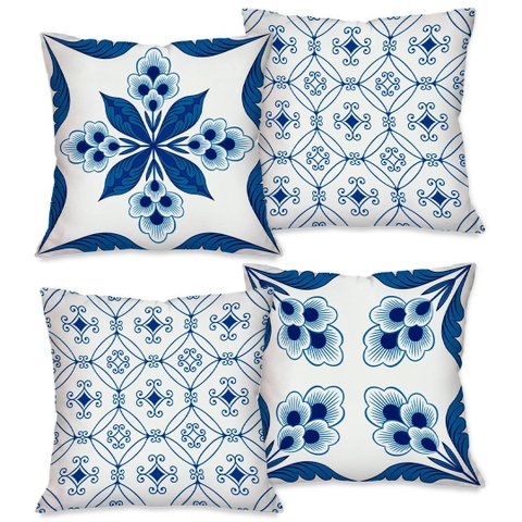 Kit com 4 Capas para Almofadas Decorativas Flores Azuis
