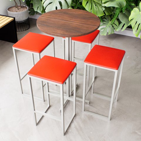 Conjunto Mesa Alta Bar Bistrô Redonda Imbuia 4 Bancos Estofado Don Castro Decor
