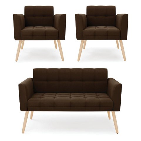 Kit 1 Sofá Namoradeira e 2 Poltronas Elisa Suede Pés Palito - D'Rossi Cor Marrom