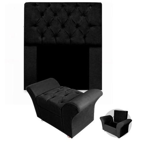 Kit Cabeceira Mirage + Calçadeira Baú Veneza Solteiro 100cm Suede - Ecotec Decor:Preto