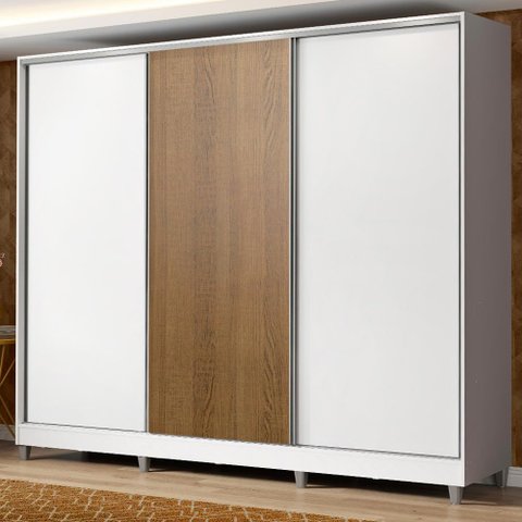 Guarda Roupa Casal 100% Mdf Madesa Zurique 3 Portas de Correr com Pés - Branco/branco/rustic