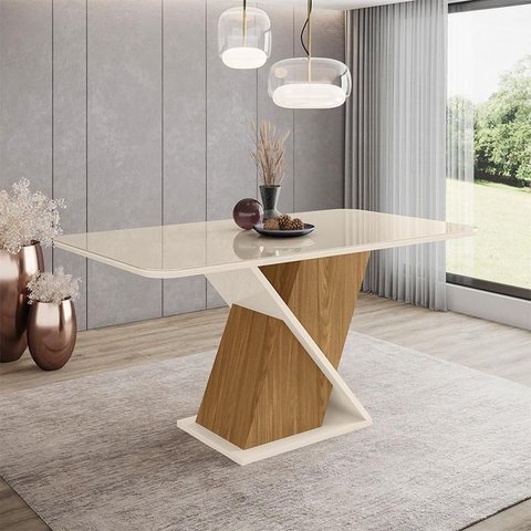 Mesa de Jantar Solus 160 Cm Ambiente Canto Arredondado com Vidro Nature Off White – Henn