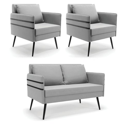 Kit 01 Namoradeira e 02 Poltronas Suede Cinza