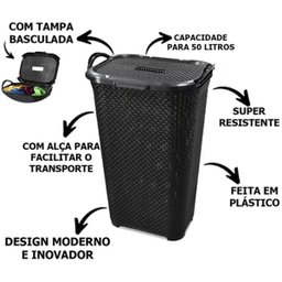 Kit C/ 2 Cesto de Roupas Rattan Tampa Basculada com Alça 50l - 3