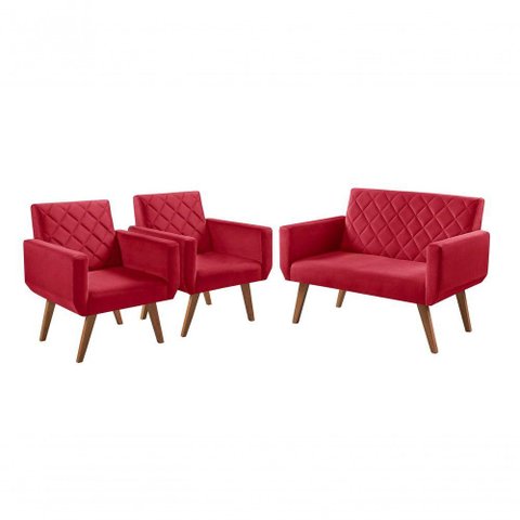 Conjunto Anabelle 2 Poltronas de 1 Lugar 1 Poltrona 2 Lugares Braço Unidecor Vermelho