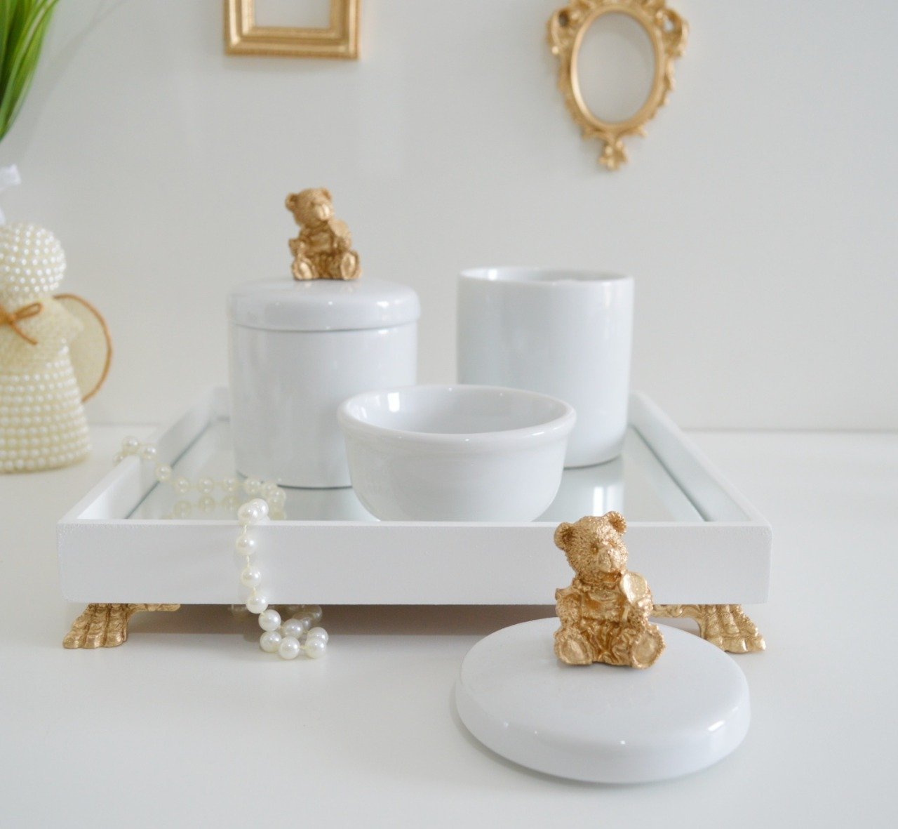 Kit Higiene Porcelana Bebê + Potes + Bandeja - Ursa Dourado - 1
