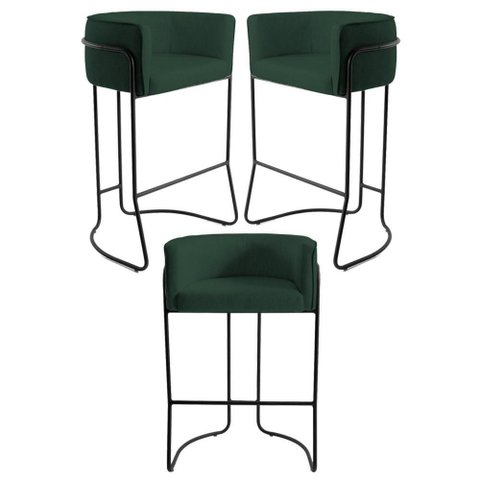3 Banquetas Base Aço Preto Betina B-303 Veludo Verde Domi
