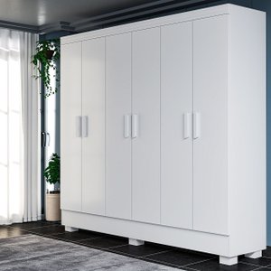 Guarda-roupa Solteiro Armário 6 Portas 2 Gavetas 100% Mdf com Pés Mdf, Cabideiro e Corrediças Telesc