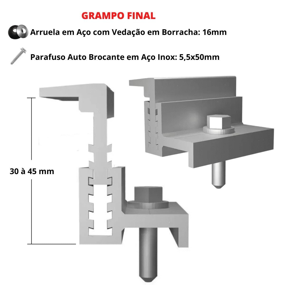 Kit Fixador Grampo Final Regulável e Intermediário Tipo U Para 07 Placas Painel Solar Alumínio e Ino - 3