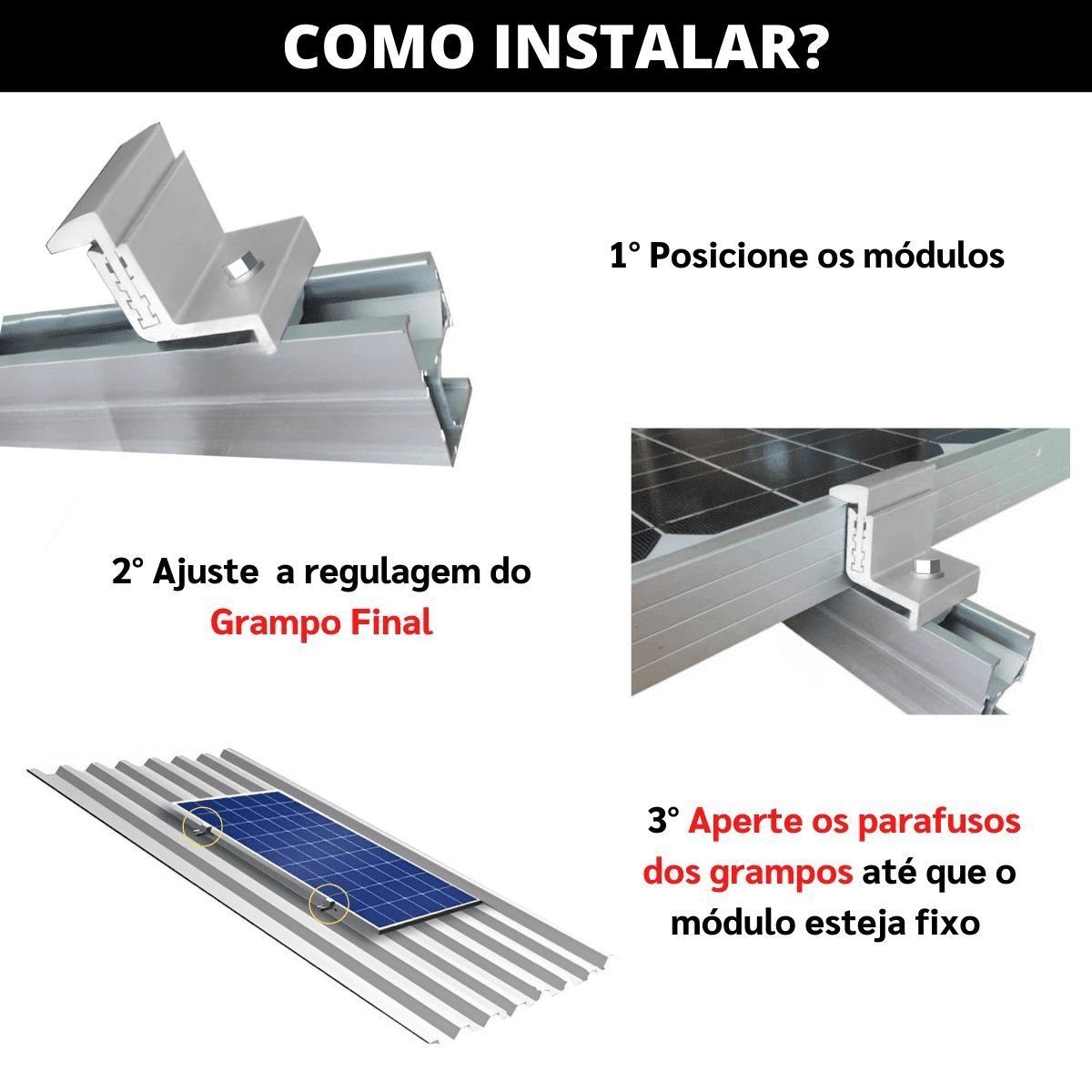 Kit Fixador Grampo Final Regulável e Intermediário Tipo U Para 07 Placas Painel Solar Alumínio e Ino - 4