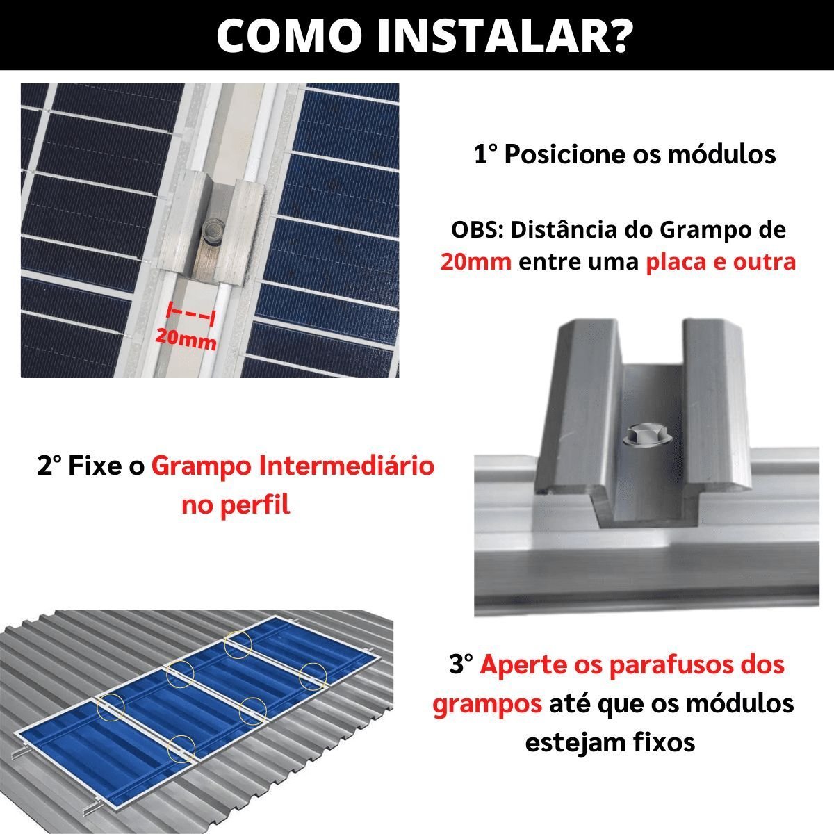 Kit Fixador Grampo Final Regulável e Intermediário Tipo U Para 07 Placas Painel Solar Alumínio e Ino - 7