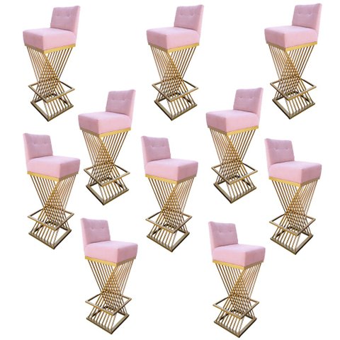 Kit 10 Banquetas Luma Base de Ferro Sued Rosa Bebê - D'classe Decor